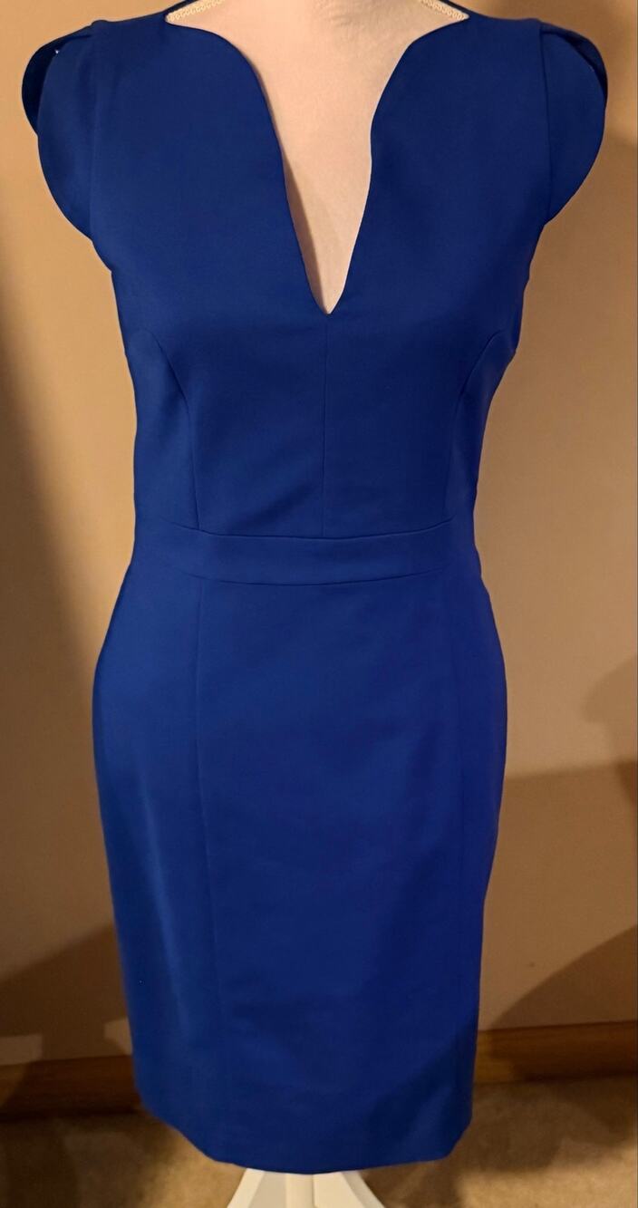French Connection Blue Pencil Dress Womens Size 8 V-Neck Cap Sleeve Work